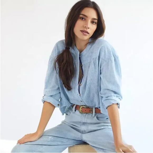 ANTHROPOLOGIE x PILCRO Peasant Button Down Shirt Blue Stripe Sz XLP NWT {HH18} - Picture 2 of 4